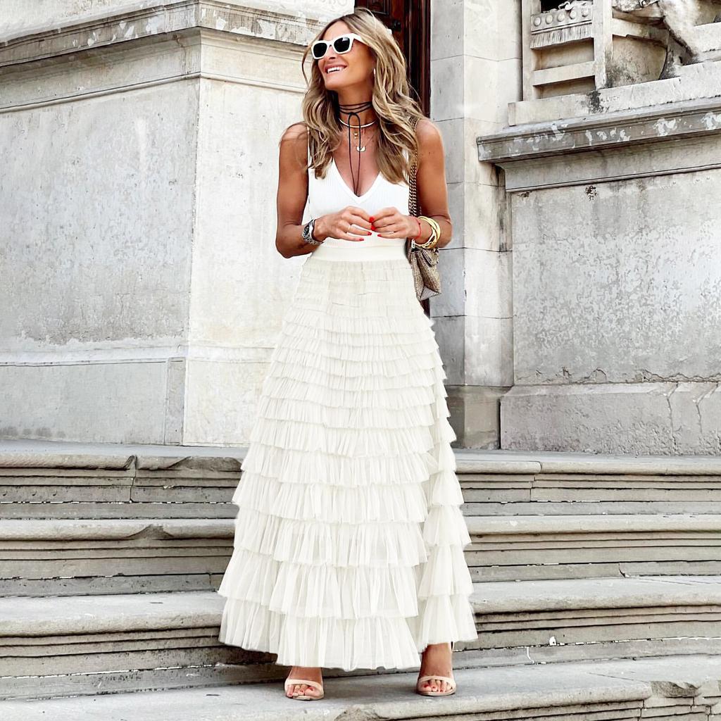 Cake Skirts Women Elegant Cascading Ruffles A Line Long Skirts Female Casual Elastic Waist Party Lace Skirt