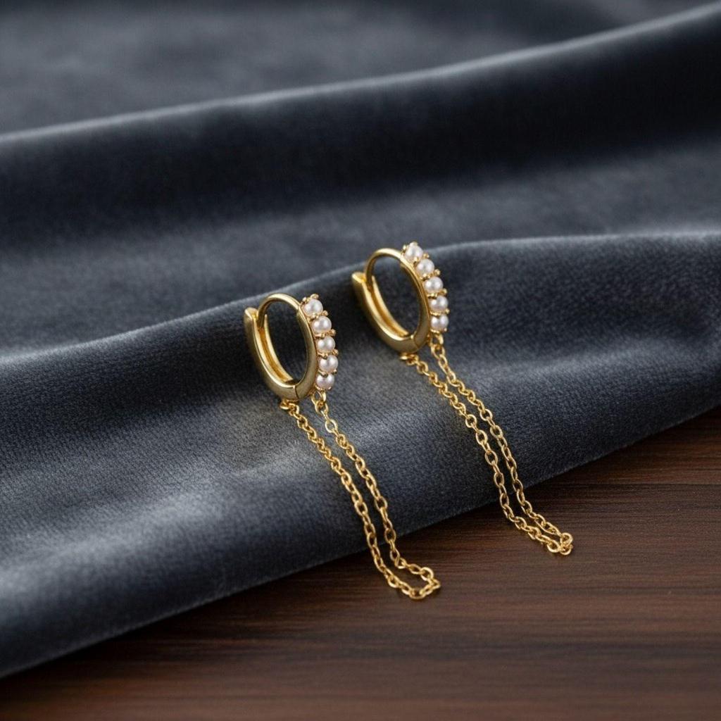 Серьги-кольца Хьюги с двойной подвесной жемчужной цепочкой - Желтое покрытие, стерлинговое серебро 925 пробы