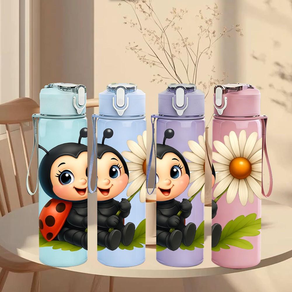 1PC Ladybug Insect Daisy Flower Print 750ml Color Plastic Sports Water Bottle Leakproof Flip Straw Lid Suitable for Sports Office Home Use