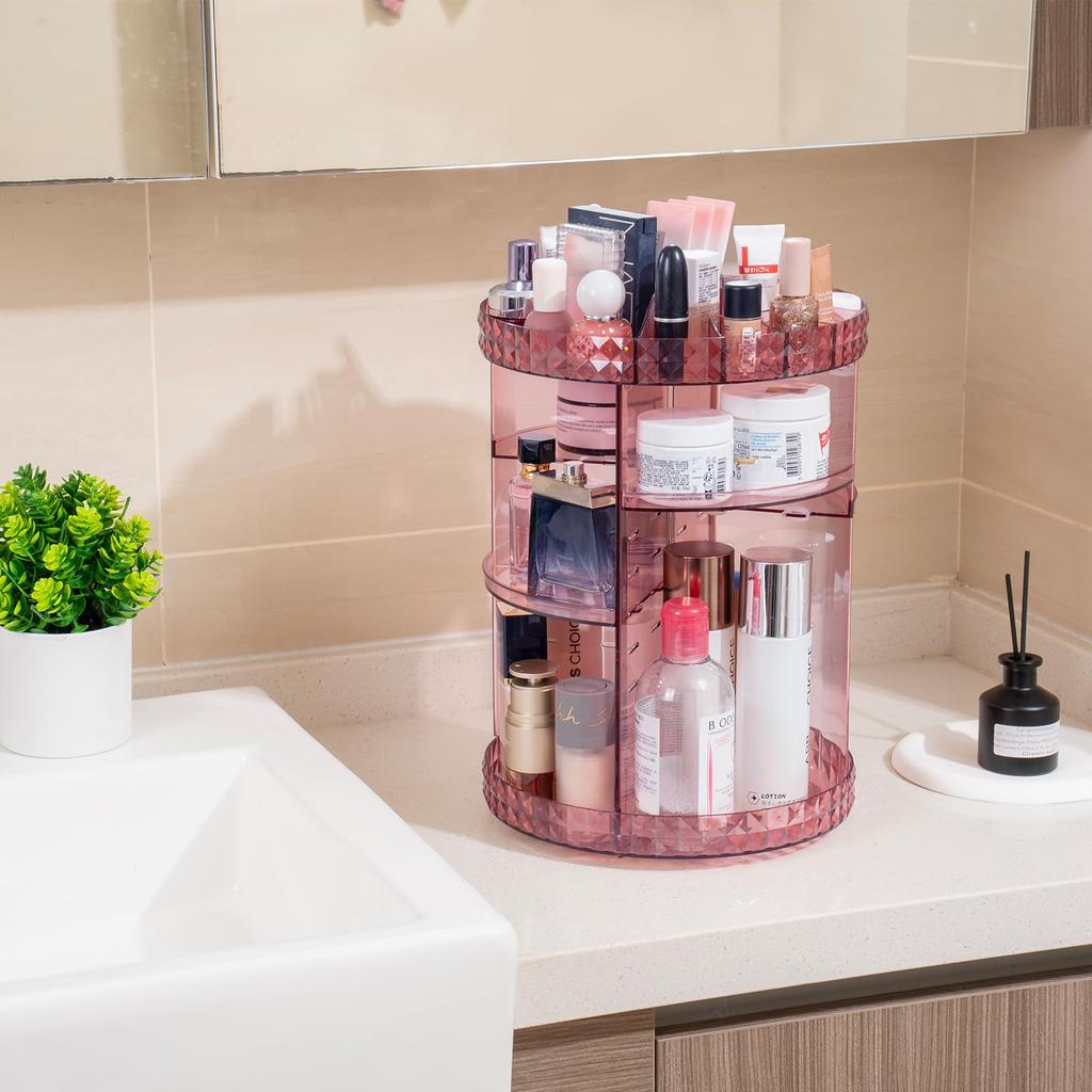 Large Capacity Acrylic Makeup Box with Rotating and Diamond Perfect for Cosmetics and A Gift for Women Pink Diamond Pattern Dividers, 360° Design,