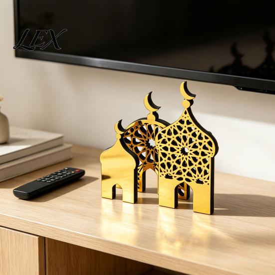 Indoor Aesthetic Ornaments 3PCS Ramadan Golden Castle Ornament, Hollow Mosque Design, Thick Wood And Religious Celebration Gifts Acrylic Desktop