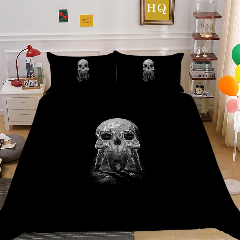 3D Horror Patterned Printed Bedding Set with Skull Head Pattern Down Duvet and Pillowcase 2/3 Pieces Halloween Festive Atmosphere Home Decoration