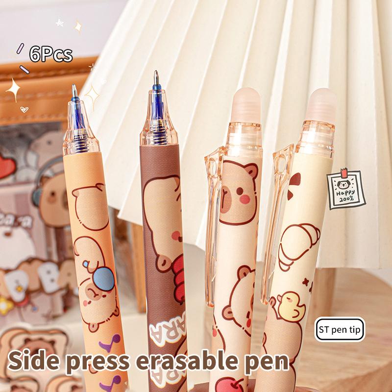 Набор из 6 ручек Kawaii Capybara Gel Pen, быстросохнущие черные и синие чернила, симпатичные гелевые ручки Press, эстетичные канцелярские принадлежности для школы и офиса