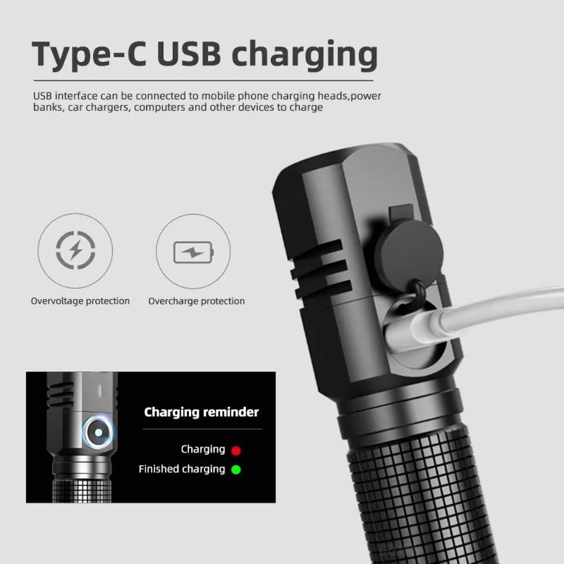 LED Mini Flashlight Type-C Rechargeable Pocket Zoom Flashlight 3 Lighting Modes Suitable for Outdoor Hiking Camping Fishing