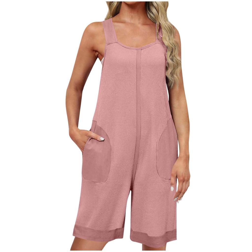 Womens  Capris Jumpsuits Casual Summer Square Neck Sleeveless Loose Wide Leg Pants Rompers With Pockets