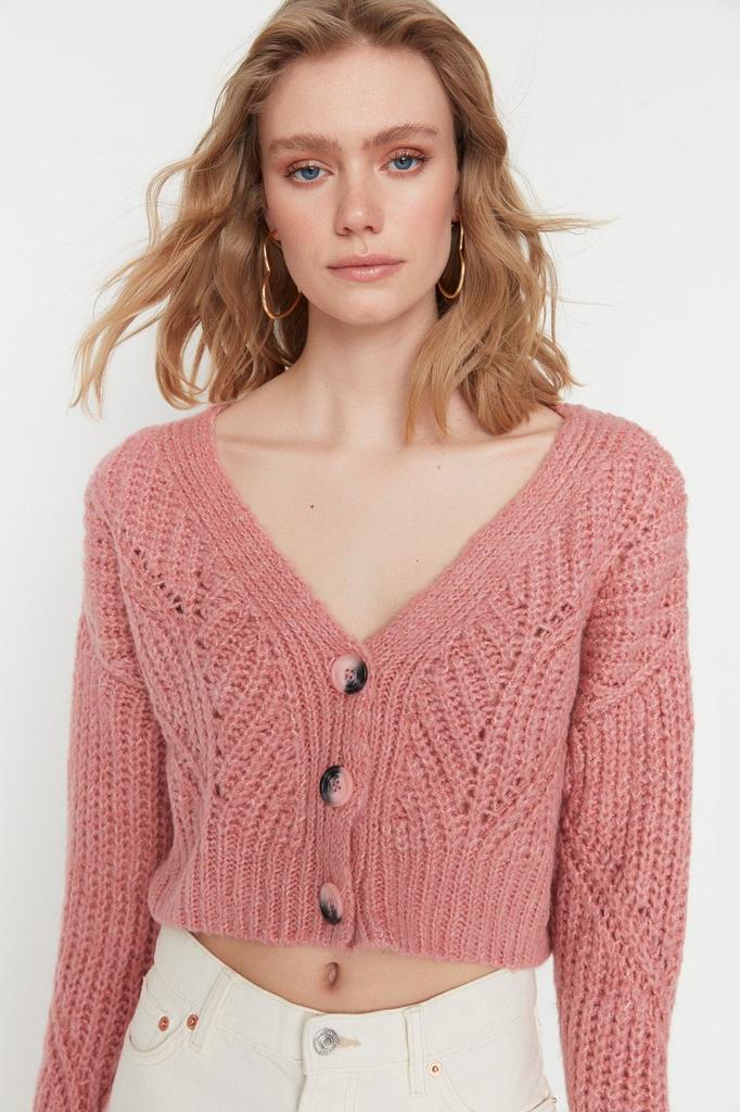 Женский элегантный кардиган, пудровый, мягкий текстурированный укороченный трикотаж, кардиган