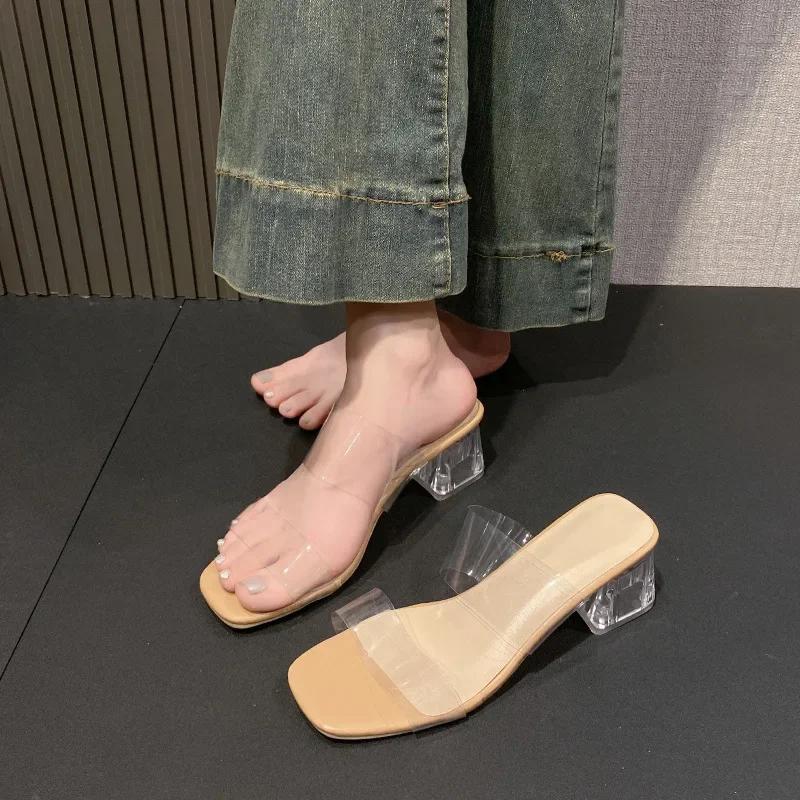 Модные прозрачные сандалии на хрустальном каблуке, женская уличная обувь, высокие каблуки, сексуальный толстый каблук, женские шлепанцы, резиновая подошва, материал ПВХ