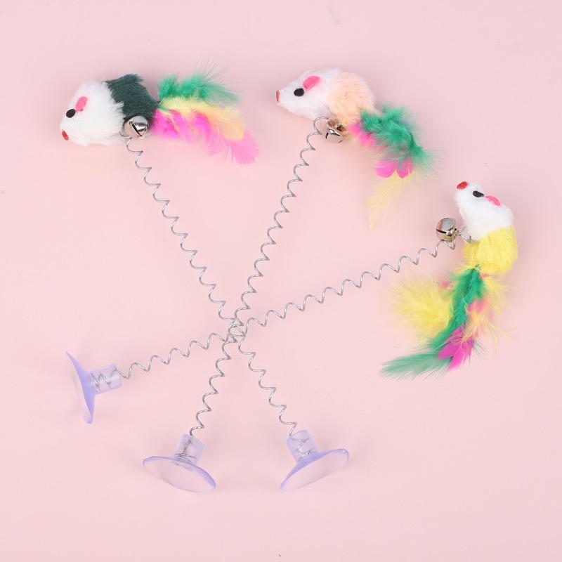 New Interactive Swinging Mouse Toy with Suction Cup Spring & Feather Design Bell Sound Feature for Cats
