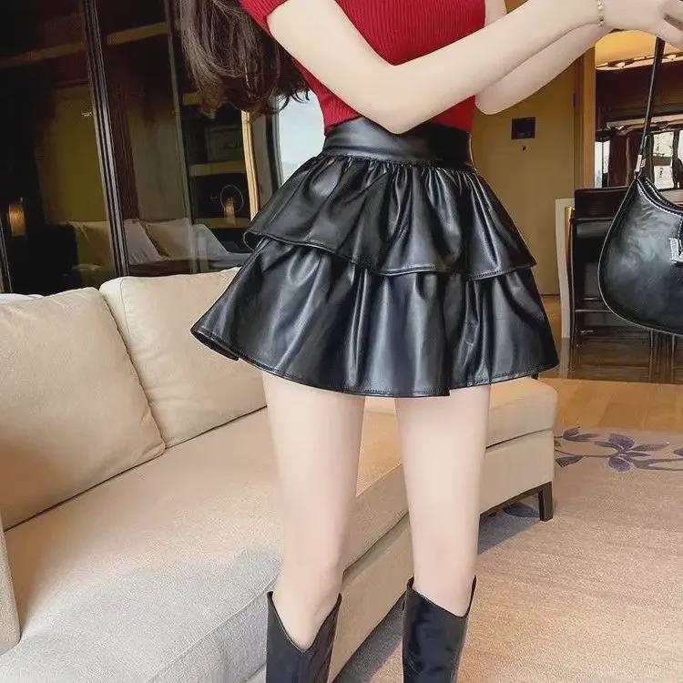 Юбка А-силуэта из искусственной кожи с высокой талией, осень/зима 2024 г. - тонкая, пышная, не пропускающая влагу, дизайн Hot Girl Cake