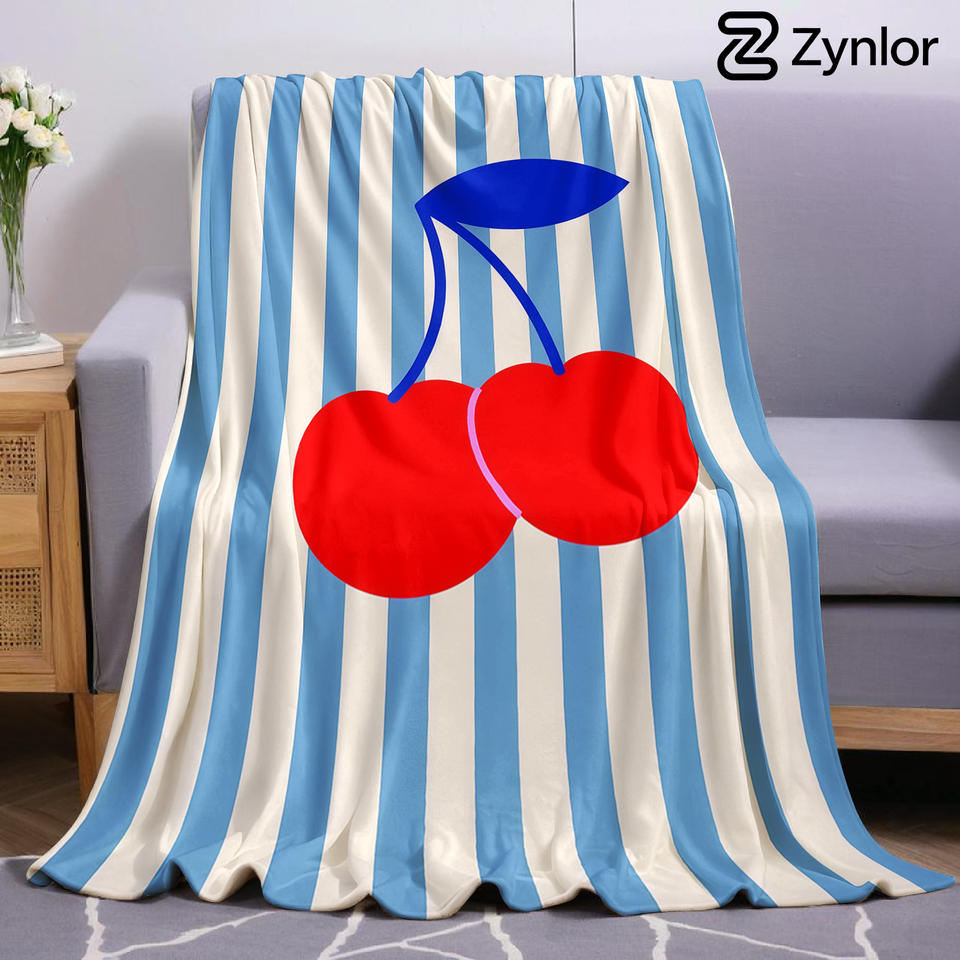 Blue White Stripe Cherry Cartoon Anime Print Flannel Blanket Soft Warm Throw for Kids Bedroom Sofa Bed Christmas Office Car
