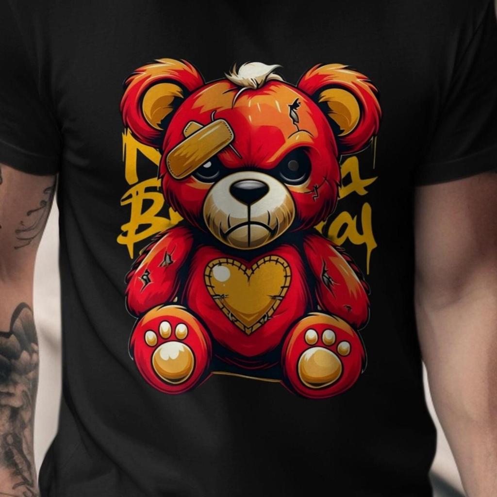 Edgy Cartoon Teddy Bear T-Shirt, Streetwear Graphic Tee
