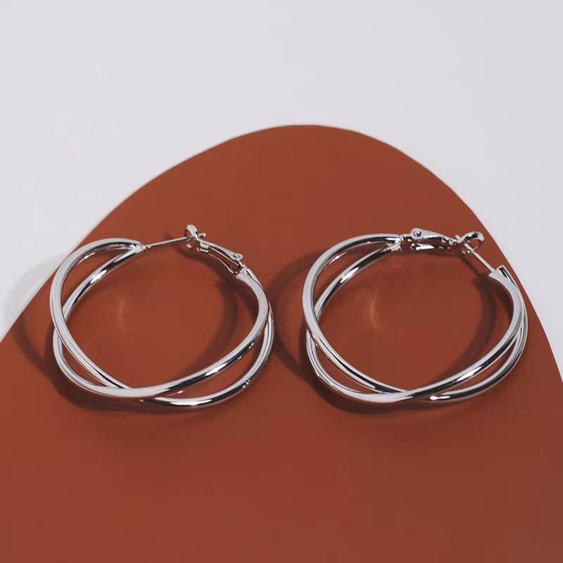 Women Metal Double Layer Hoop Earrings, Light Luxury Plain Circle Ear Buckles, Temperament Large Fashion Ear Jewelry