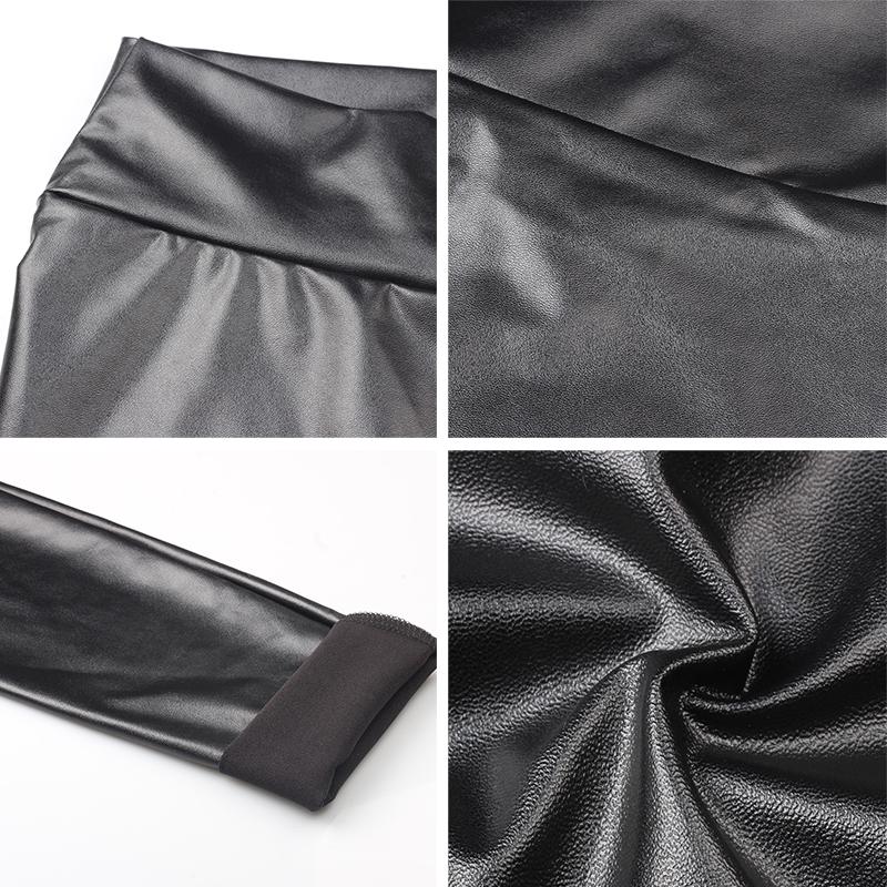 Женские черные леггинсы Черные лоскутные леггинсы из искусственной кожи для тренировок Популярные плиссированные леггинсы на бедрах