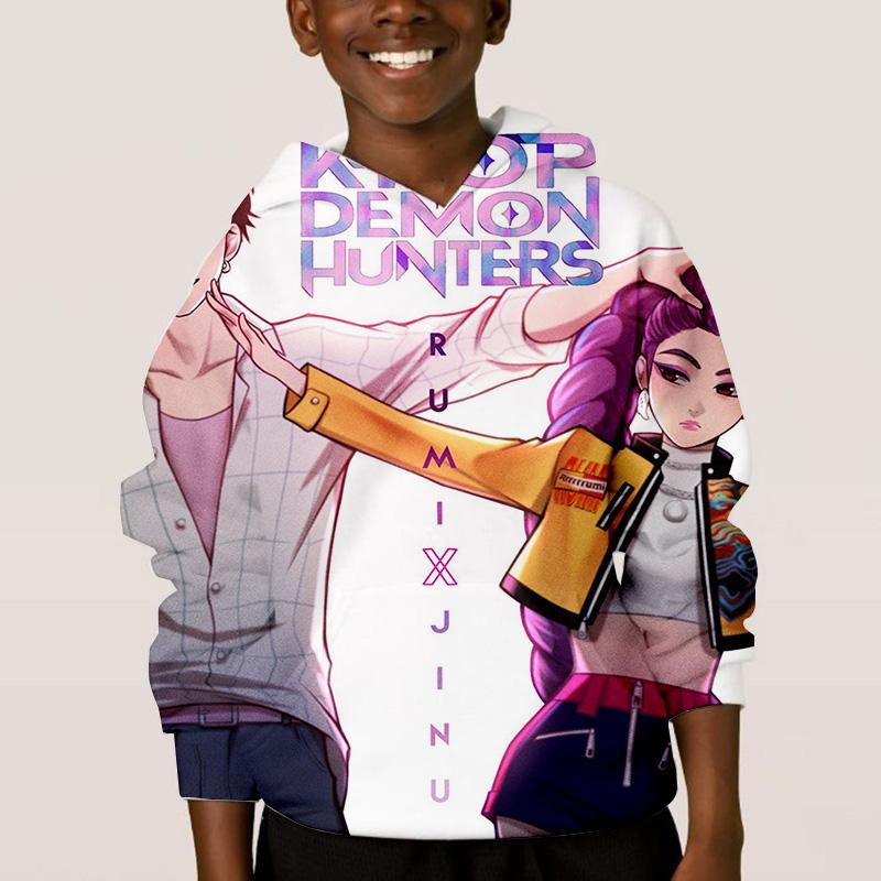 K-pop Охотники на демонов Детская хип-хоп одежда с забавным узором Модная повседневная свободная детская одежда Детские толстовки с капюшоном для мальчиков