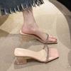 Summer New Transparent Slippers Women's Head Open-toed Rhinestone One-word Drag Crystal Thick-heeled Cool Slippers