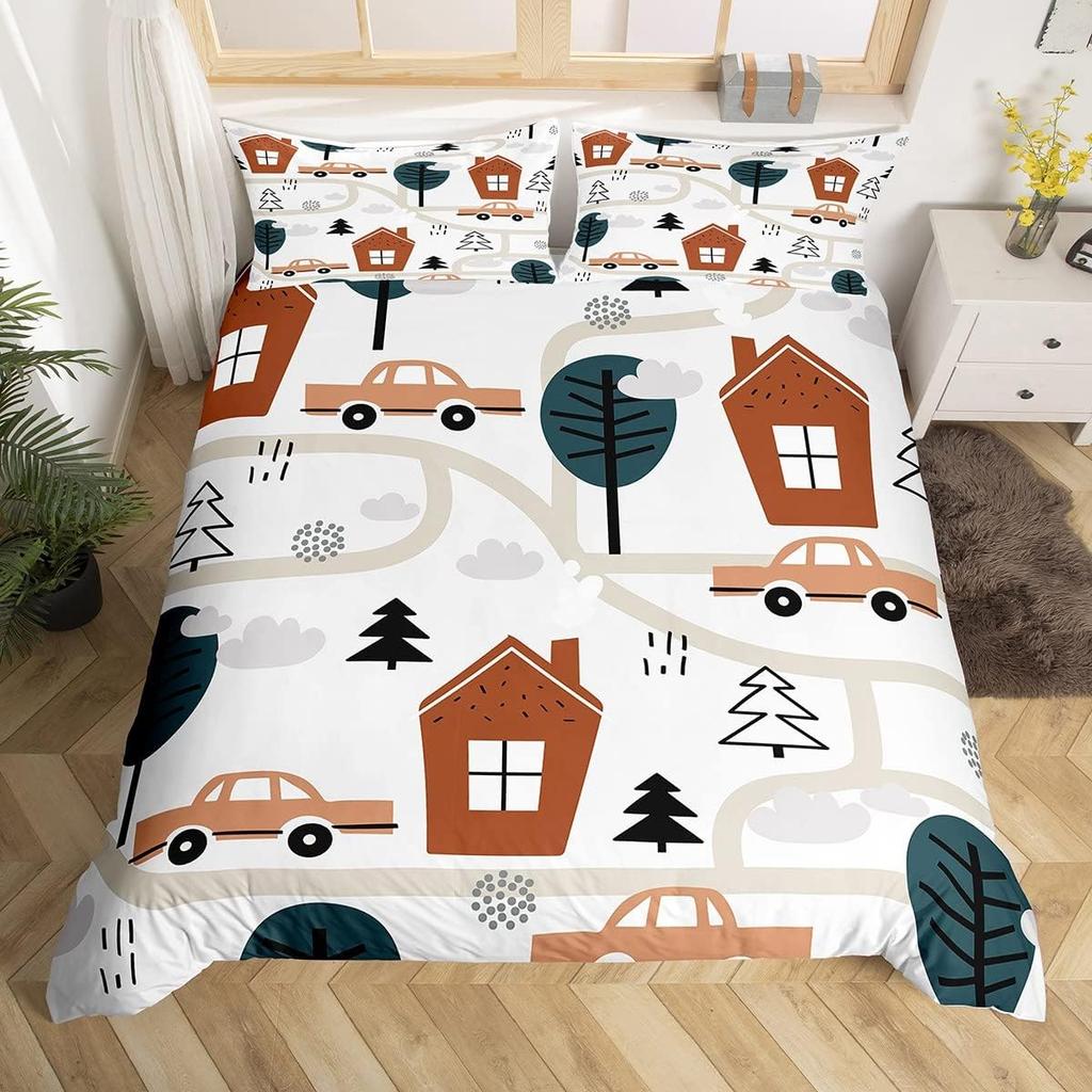 Мультяшные Машины Пододеяльник Односпальный Двуспальный Набор Постельного Белья Городские Дороги Нарисованный Вручную Грузовик Велосипед Чехол для Одеяла для Мальчиков Подростковая Комната Декор