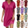 Women's Fashion V-neck Solid Color Pullover Casual Button Dress