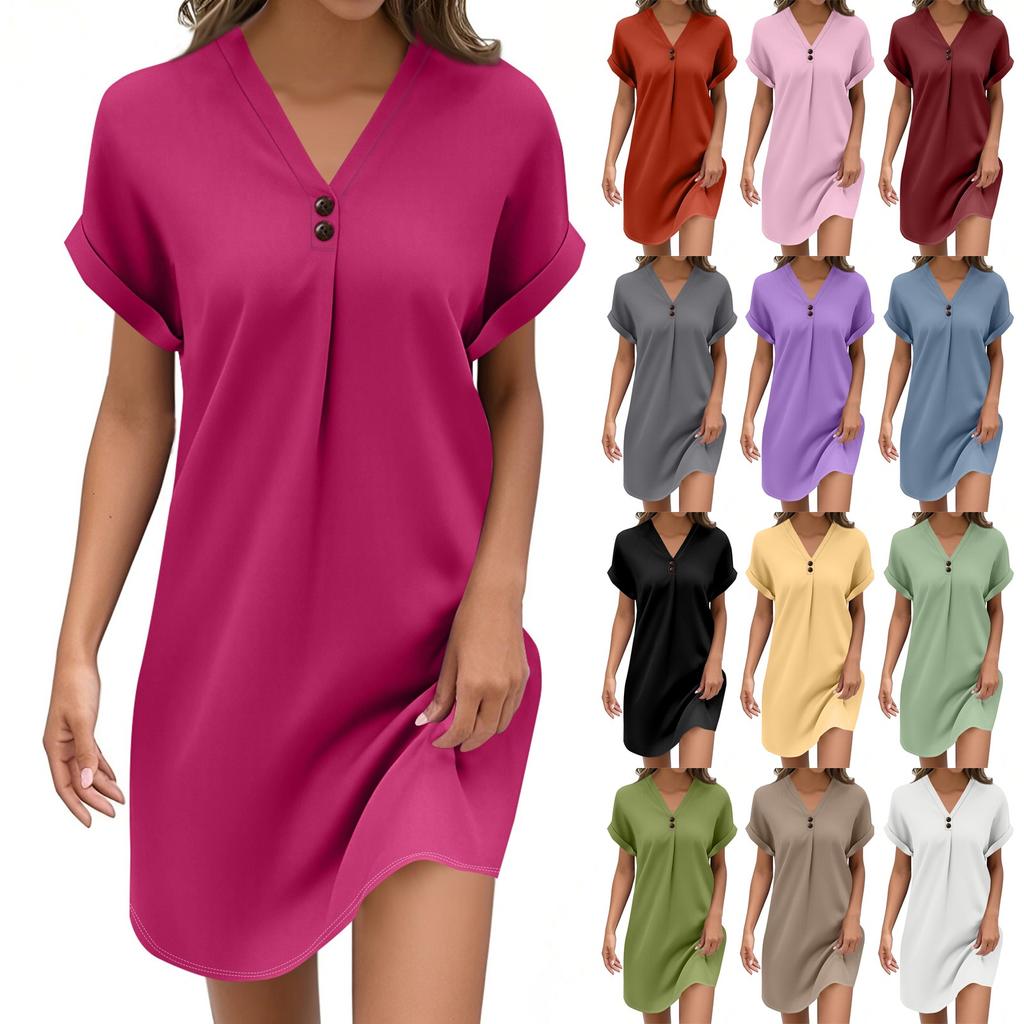 Women's Fashion V-neck Solid Color Pullover Casual Button Dress