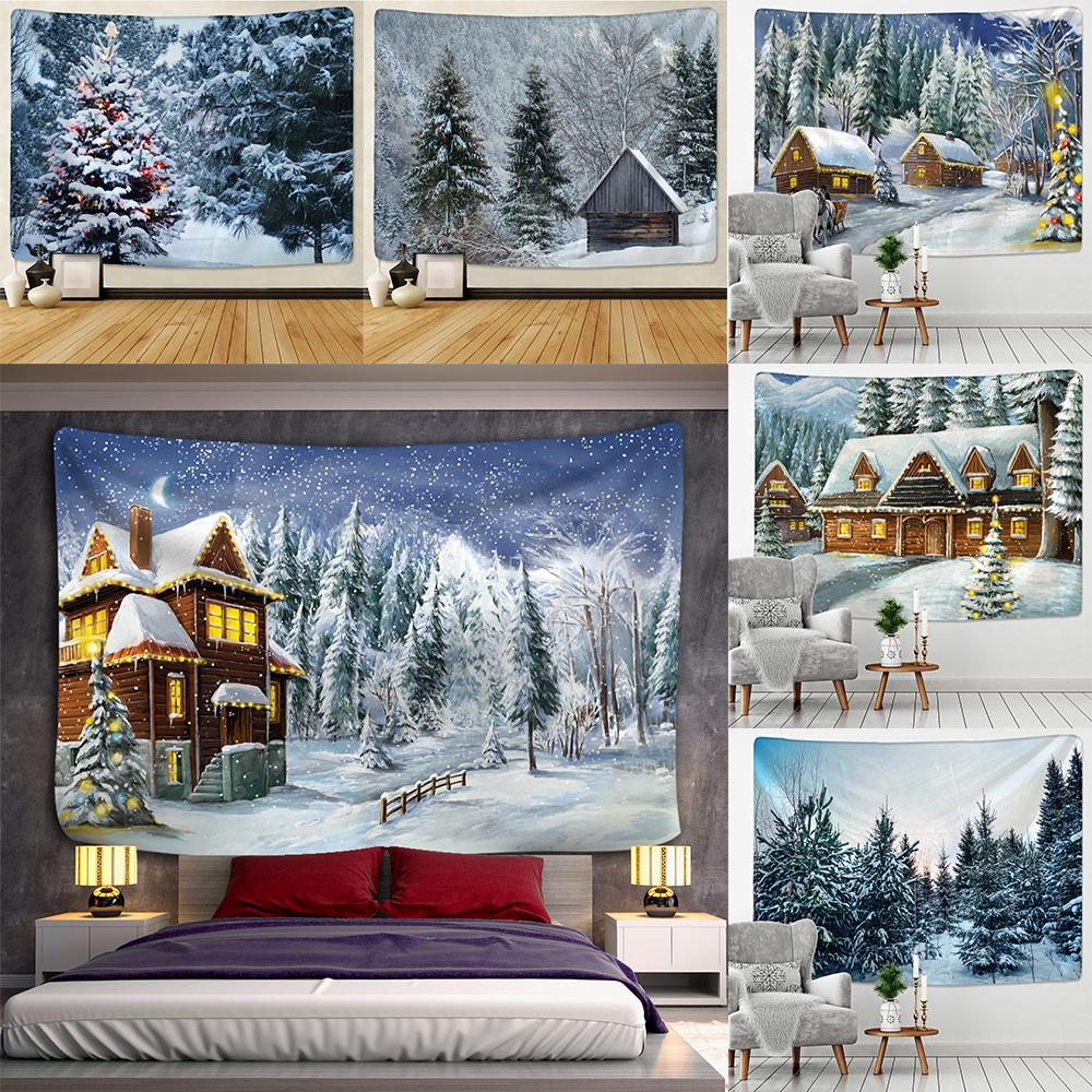 Christmas Snow Scene Home Decor Tapestry Forest Cottage Boho Decoration Hippie Christmas Tree Wall Decor Backdrop Fabric
