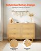 6 Drawer Rattan Dresser, Double Dresser for Bedroom, Natural Rattan Chest of Drawers with Metal Handles & Legs, Modern Wood Chest Clothing Organizer &