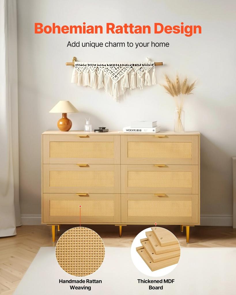 6 Drawer Rattan Dresser, Double Dresser for Bedroom, Natural Rattan Chest of Drawers with Metal Handles & Legs, Modern Wood Chest Clothing Organizer &