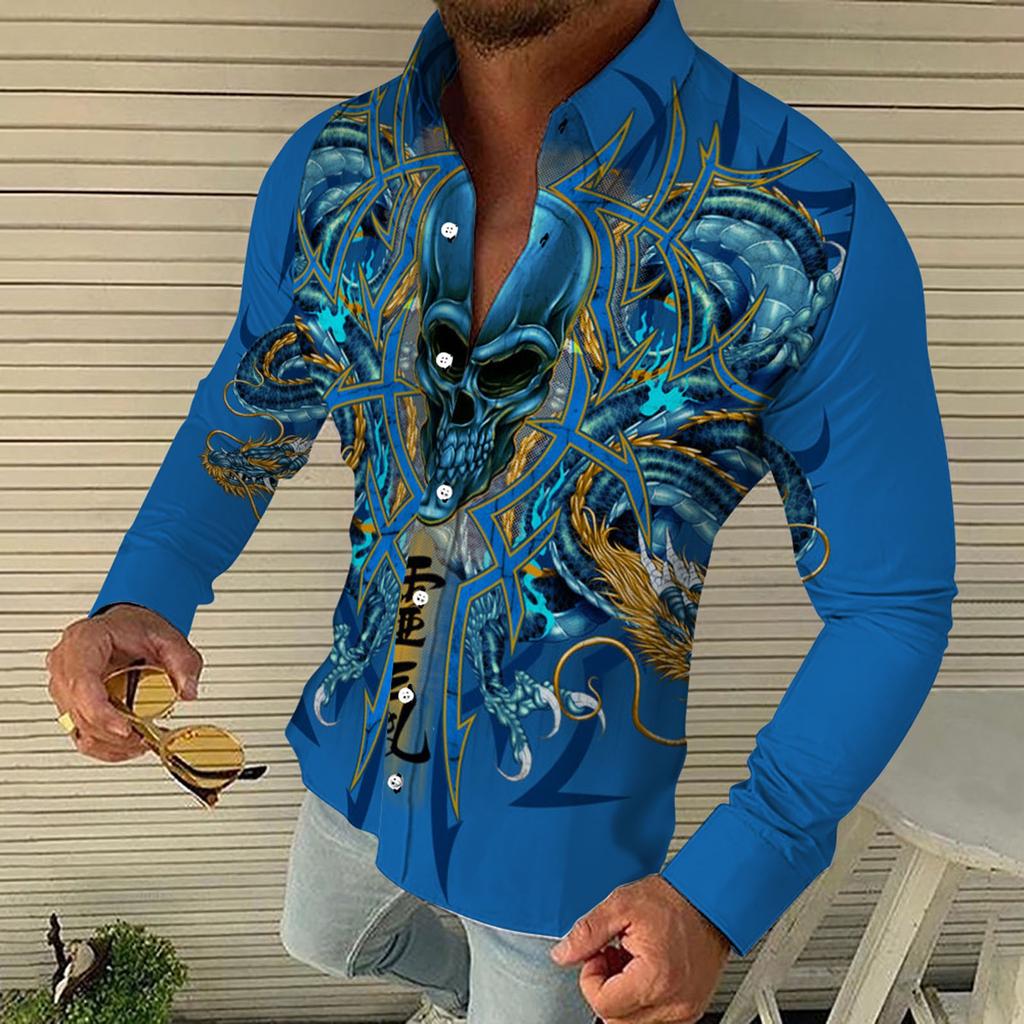 Мужские рубашки с длинным рукавом с принтом, повседневные свободные рубашки с длинным рукавом с принтом