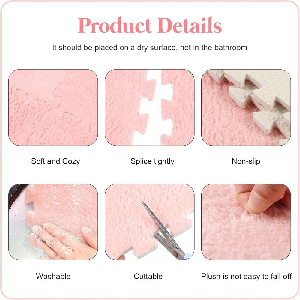 16 Pcs Plush Jigsaw Puzzle Mat Cute Soft and Fluffy Interlocking Rug EVA Foam Square Rug Children's Play Mat Bedroom Decor