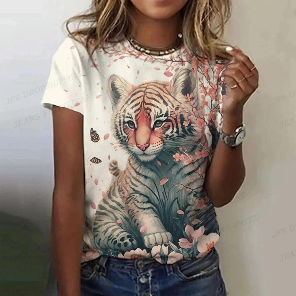 Summer Tiger Pattern T-shirt Animal 3d Printing Women's Casual Round Neck Short-sleeved Retro Y2k Harajuku Top Women's Clothing