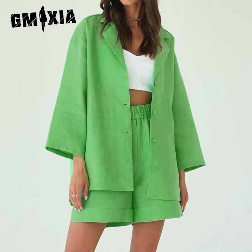 GMXIA Костюм из хлопковых шорт для женщин в Европе и США, летняя свободная однобортная рубашка с лацканами + прямые брюки с высокой талией, комплект из двух предметов