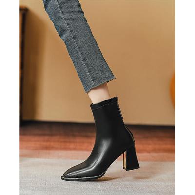 Маленькие короткие ботинки женские толстые каблуки высокие каблуки новые одинарные ботинки задняя молния тонкий квадратный носок средние женские ботинки