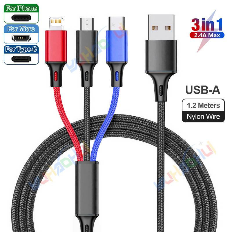 2.4A Макс. 3 в 1 USB-кабель для быстрой зарядки Lightning-кабель для iPhone Type C Кабель для зарядки мобильного телефона для Xiaomi Samsung USB Micro