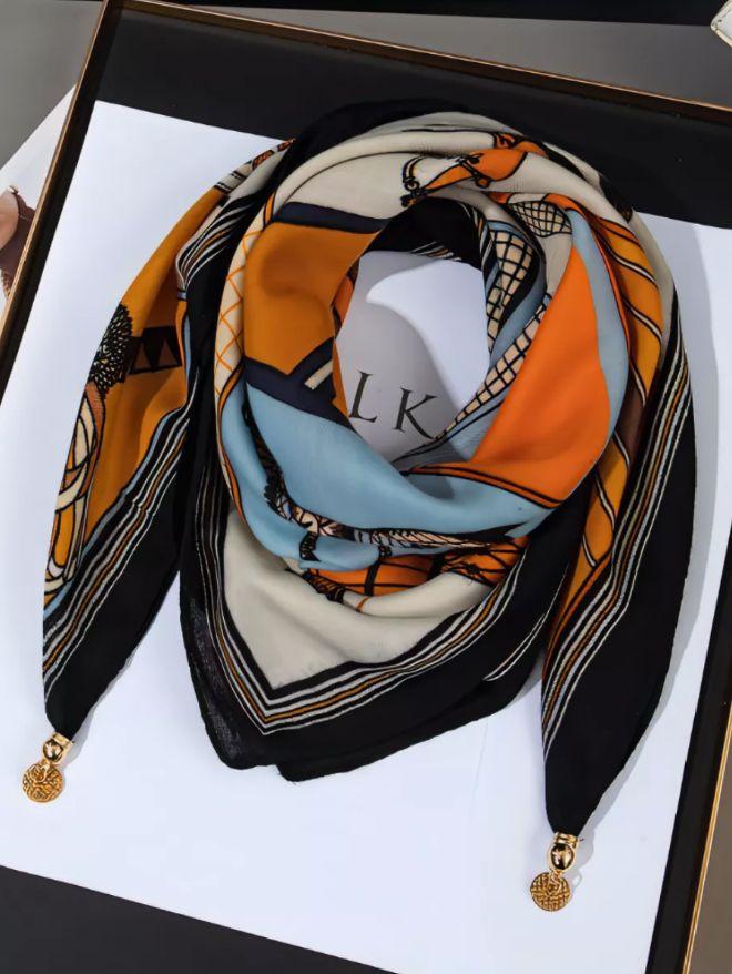 Magnetic - Printed Silk Scarf/ Neck Warmer, Fashionable And Versatile Silk Scarf