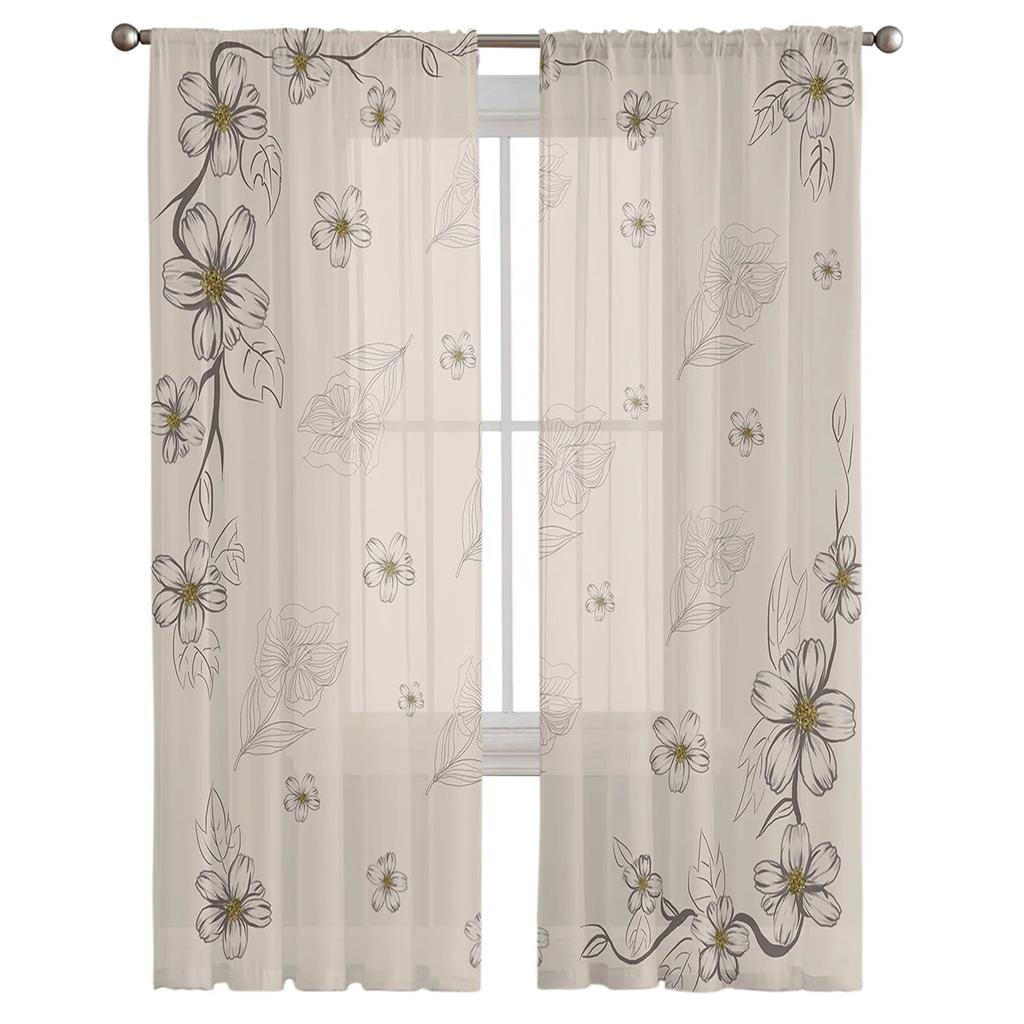 Цветочная линия листьев, прозрачная занавеска с ручным рисунком для спальни, тюль-вуаль, занавеска для кухни, декора гостиной, обработка окна