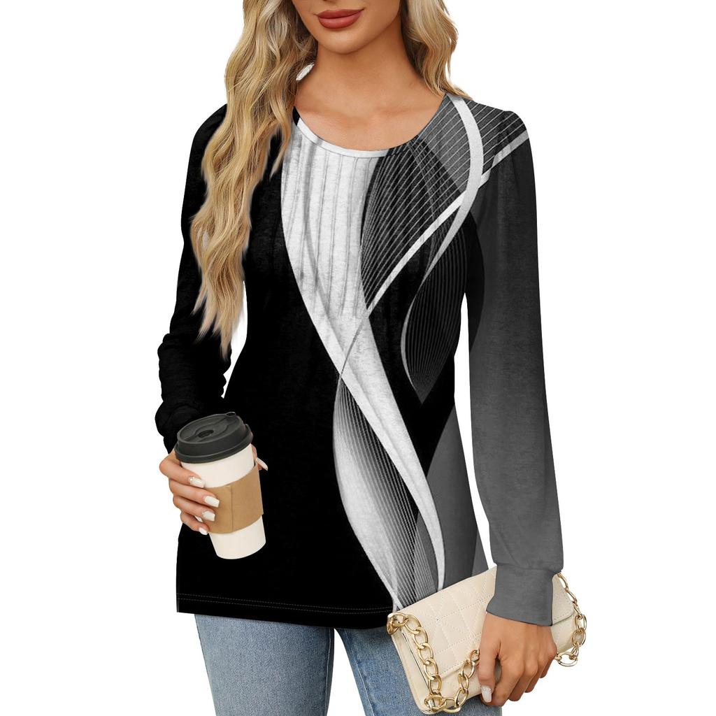 Женская повседневная плиссированная футболка с круглым вырезом и длинными рукавами с принтом