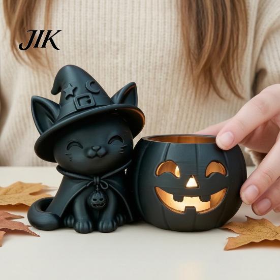 Cute Halloween Crafts Black Cat Pumpkin Candlestick, 3D Printed Witch Candle Hollow Light Holder with Tealight Cup, Spooky Tabletop Decor for