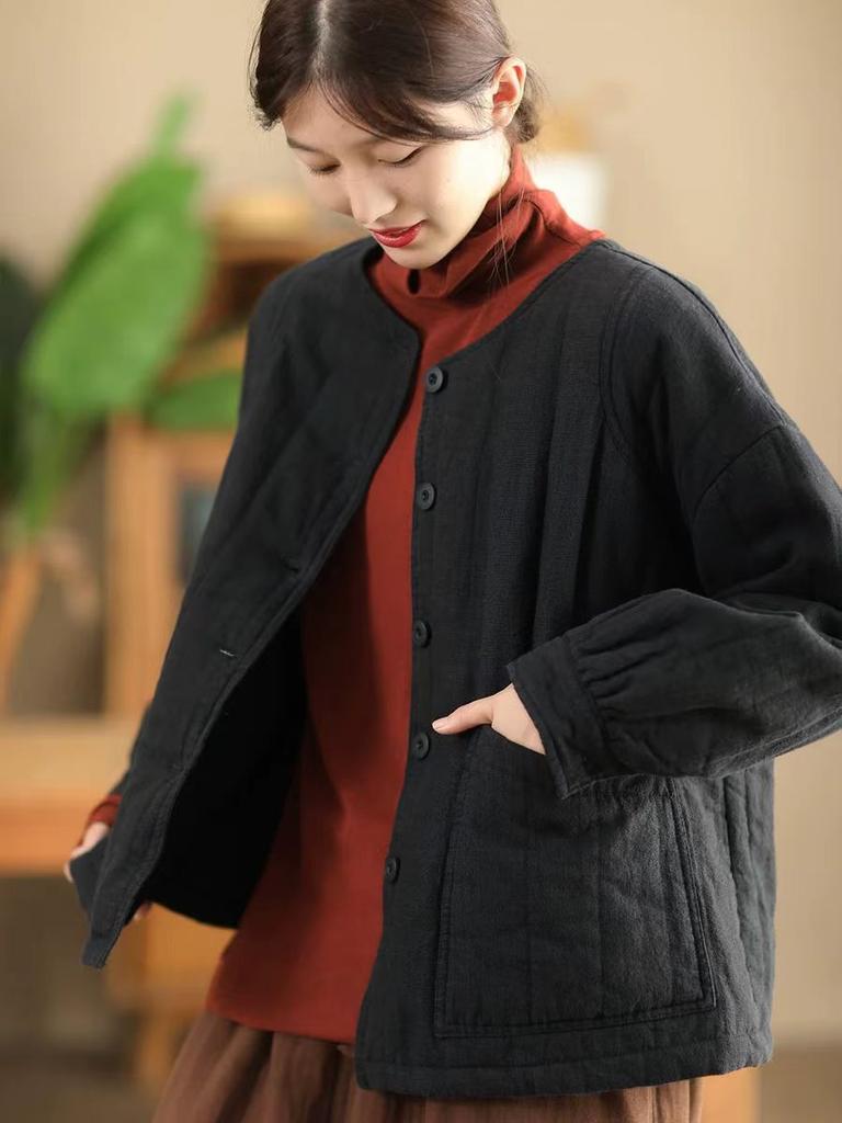 Johnature Винтажный стиль О-образный вырез однобортный свободный сращивающийся пальто женский зимнее однотонное длинное рукава ретро пальто