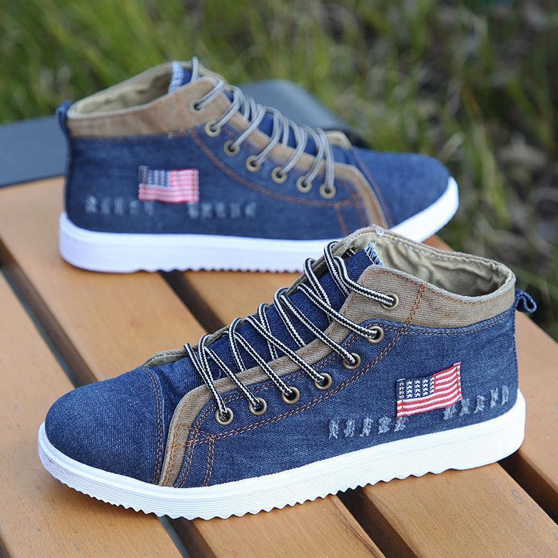 Мужская повседневная обувь в британском стиле, джинсовые кроссовки из парусины, высокие черные мужские ботильоны, обувь на плоской подошве, Chaussure Homme 2024