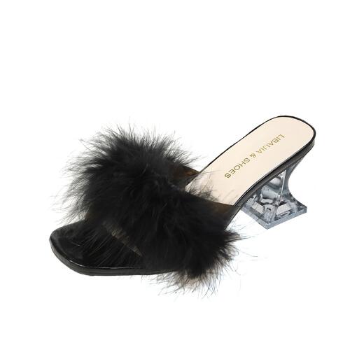 Тапочки Maogu, перья, ПВХ, прозрачные, высокие каблуки, меховые сандалии, открытый носок, каблук-шпилька, женские шлепанцы, женские летние новые мюли 41