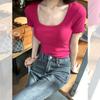 Хлопковая футболка с квадратным вырезом и короткими рукавами для женщин, летняя новинка, облегающий топ с базовой футболкой на плечах