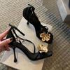 European and American Fashion Metal Flower Decoration Flower Square Head Open Toe Word Buckle Stiletto High Heel Sandals Women's Summer New