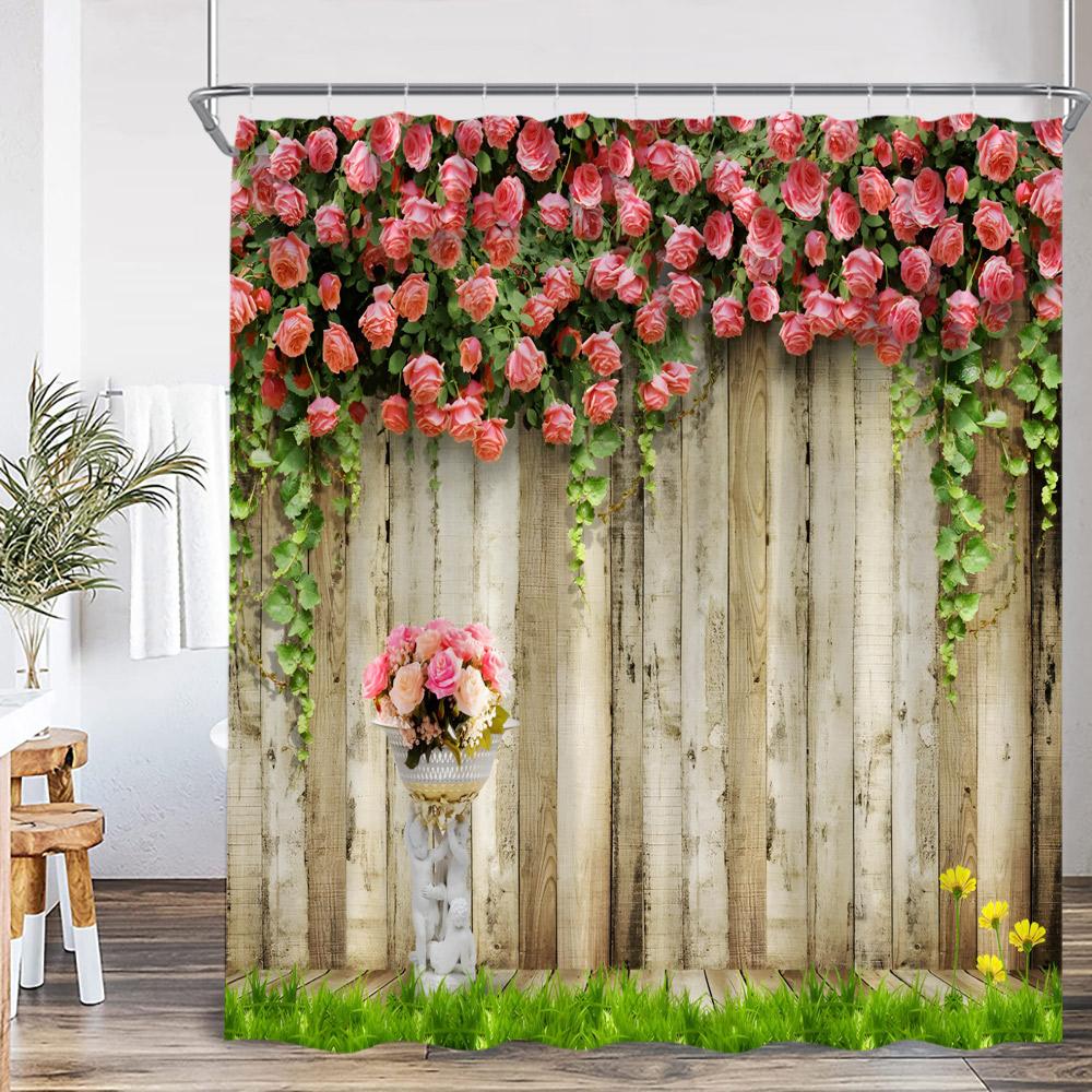 Green Vines Brick Wall Shower Curtain Pink Flowers European Garden Arch Door Bathroom Decorations Vintage Bath Curtain with Hook