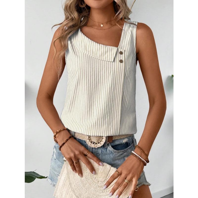 New Women's Casual Sleeveless Striped Top T-shirt with A Slanted Collar