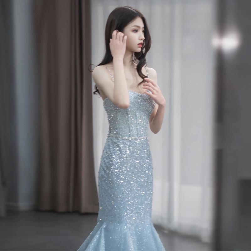 Fish tail evening dress, high-end model catwalk, student art exam toast suit, bride super fairy blue French suspender