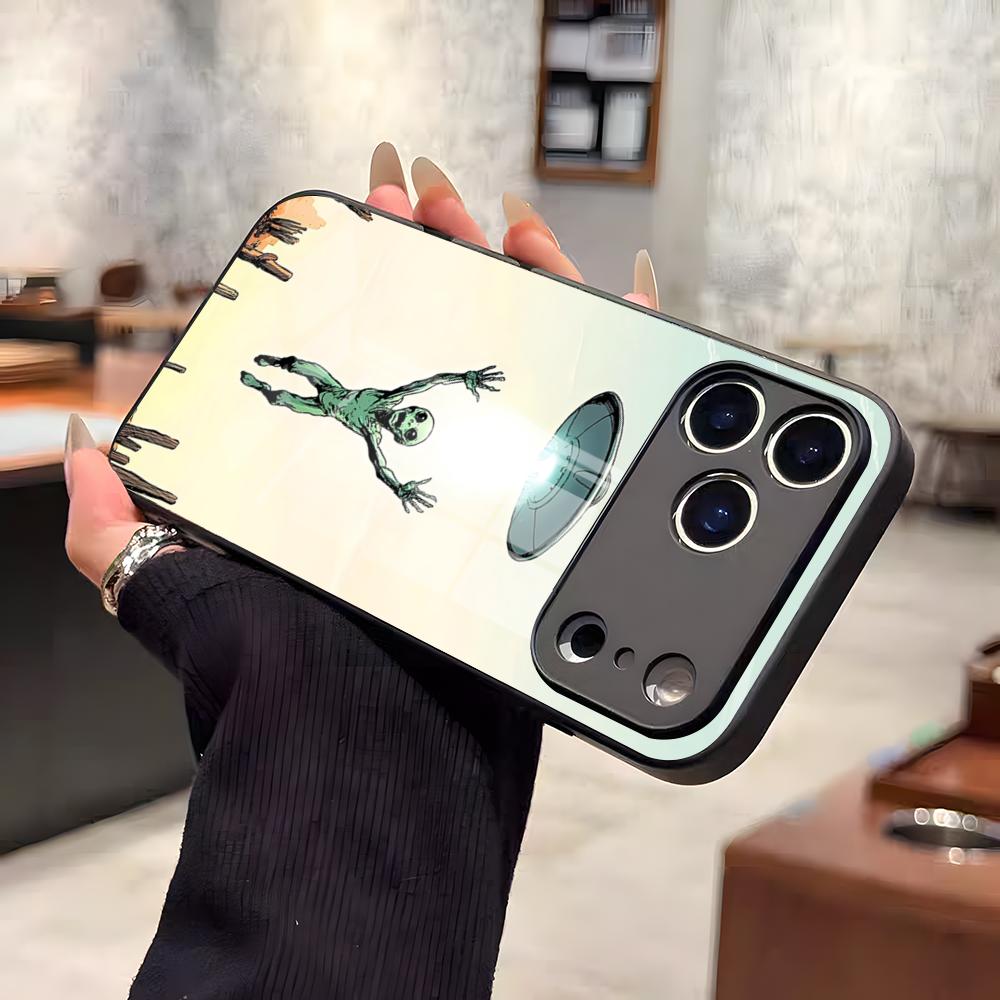 Смешной Космический НЛО Инопланетная Штука Чехол Для Телефона Для IPhone 17 Air 16 E Pro Max 15 14 13 Mini 12 Pro 11 Max Plus Черная Стеклянная Крышка