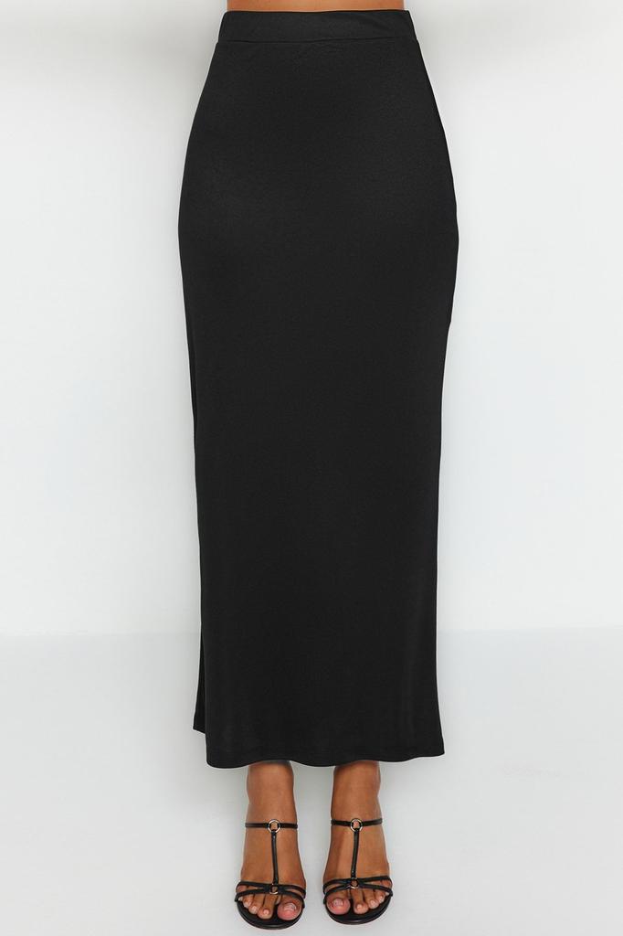 Женская стильная юбка, черная эластичная трикотажная юбка макси с высокой талией