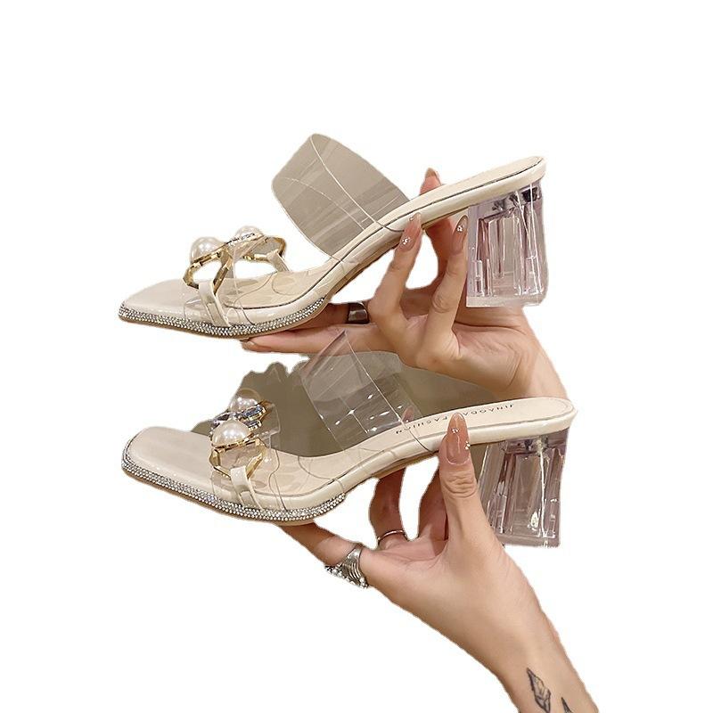 Французские босоножки со стразами и прозрачным каблуком, женские, лето 2025, новые, на толстом каблуке, модная верхняя одежда на высоком каблуке, классные женские тапочки