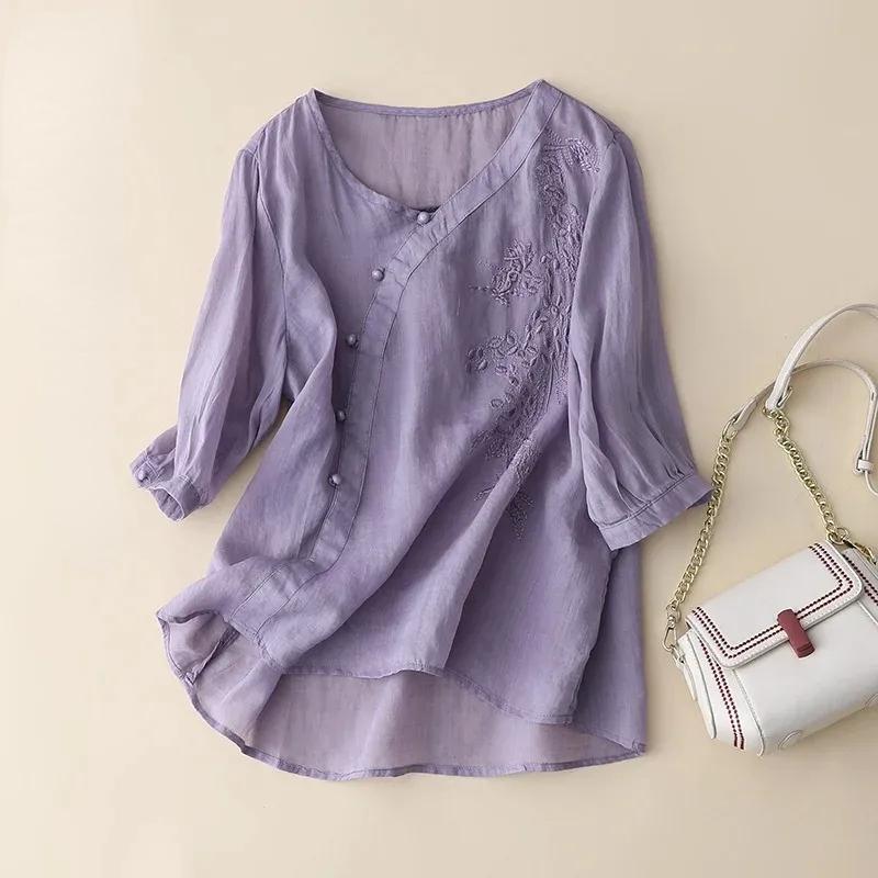 Summer Buttons Short Sleeve Embroidered Blouse Casual Women Tops Retro Loose Fit Cotton Linen Blouses