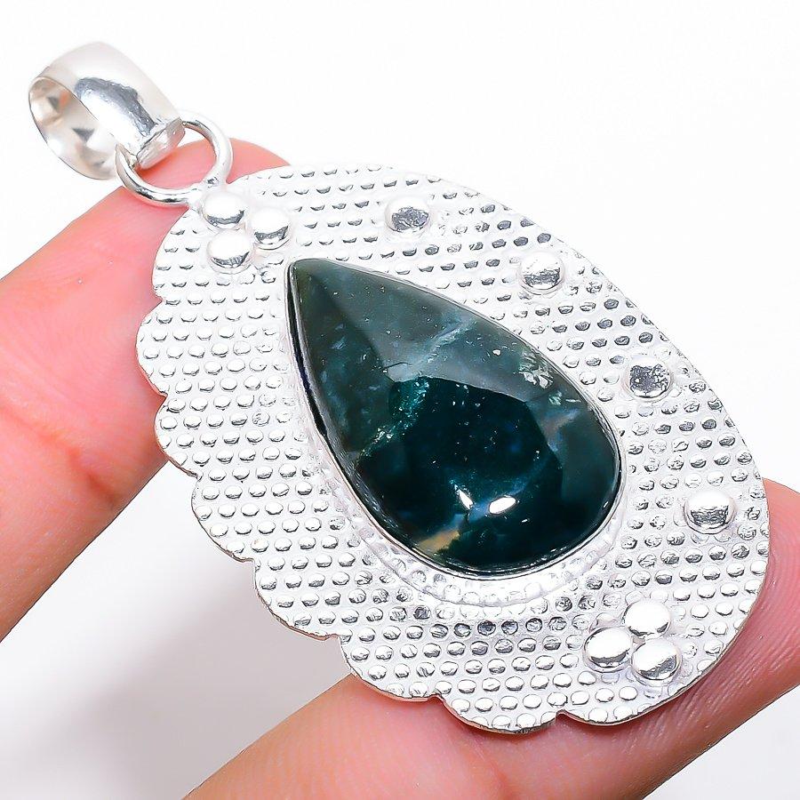 Indian Moss Agate Gemstone Handmade 925 Sterling Silver Jewelry Pendant 2.48"
