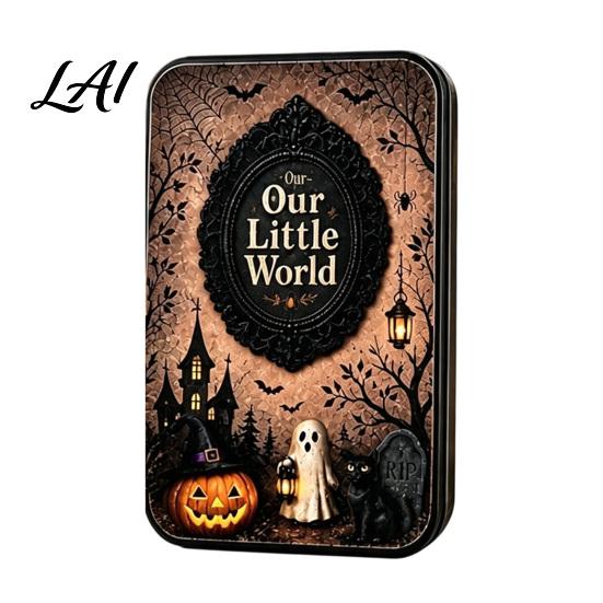 Artistic Resin Metal Ornaments Halloween Miniature Scene Tin Box DIY Shadow Box Photo Frame Micro Vintage Scenes Landscape Display Case with 4 Mini