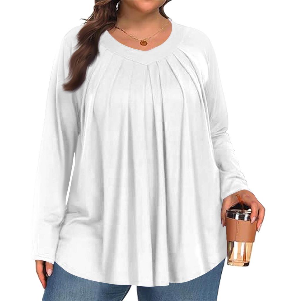 Женский модный топ большого размера, однотонный, повседневный, плиссированный, с круглым вырезом и длинными рукавами